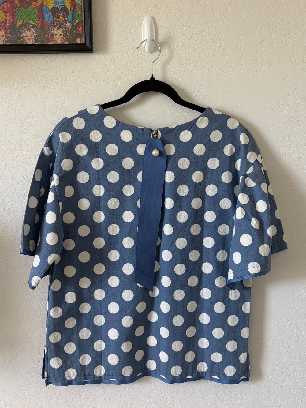 JAPANESE POLKA DOT BOXY TOP BLUE WHITE RIBBON BACK COTTON BLOUSE SZ S/M